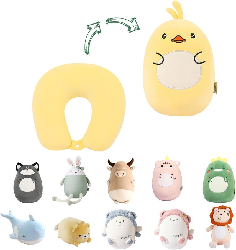 stocaggio Kids Travel Pillow - 2-in-1 Deformable Kids Neck Pillow for Traveling, Soft U-Shaped Pillow with Adorable Animal Design, Comfy Sleep and Play, Ideal for Airplanes and Cars - Yellow Duck - Image 1